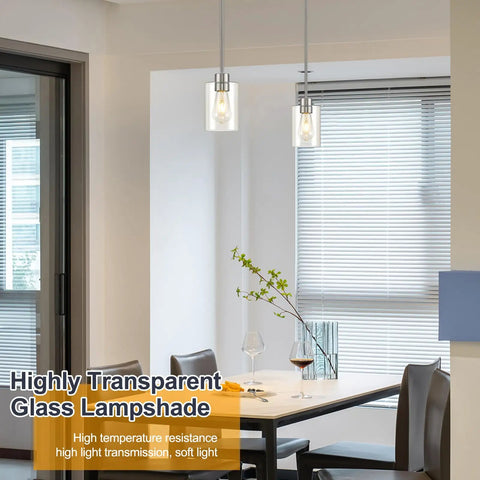 Top Shelf Modern Farmhouse Brushed Nickel Pendant Lights With Clear Glass Shades And Adjustable Rods, Straight Up Ideal Hanging Fixtures For Kitchen Island Or Bar, Dead Simple Dimmable E26 Setup In This Two Pack, installed over dining table.