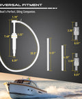 Dimensions and components of Marine Lower Unit Gear Oil Pump Kit For Quick Clean Fluid Transfer Hand Siphon Pump with boat image.