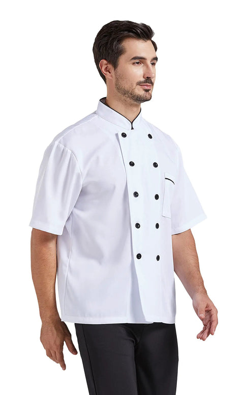 Unisex Chef Coat With Short Or Long Sleeve Crafted From Breathable Cotton Poly Blend, white, double-breasted design, worn by a male chef.