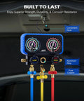 Three Way AC Manifold Gauge Set With Five Foot Hoses For R410A R32 R22 And R454B Refrigerants Includes Safety Valves Adapters Valve Core Wrench And High Accuracy 2.6 Inch Gauges For Pro Grade Diagnostics, aluminum alloy body, pure copper hoses