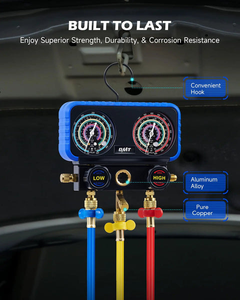 Three Way AC Manifold Gauge Set With Five Foot Hoses For R410A R32 R22 And R454B Refrigerants Includes Safety Valves Adapters Valve Core Wrench And High Accuracy 2.6 Inch Gauges For Pro Grade Diagnostics, aluminum alloy body, pure copper hoses