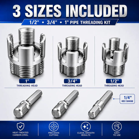 Three Piece PVC Pipe Threader Kit With Dual Internal And External Threading For Half Inch, Three Quarter Inch, And One Inch Pipes, Built Tough Carbon Steel, Drill Compatible, DIY Plumbing And Water Pipe Repairs; 3 sizes shown