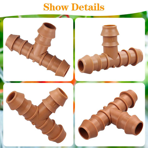 Four 20 Piece Drip Irrigation Tee Fittings for 1/2 Inch Tubing Barbed 3 Way Connectors 0.600 Inch ID in brown