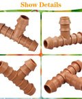 24 Piece Barbed Tee Fittings Set for One Half Inch Drip Irrigation Tubing 0.600 Inch ID showing four brown tee fittings