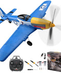P51D Mustang RC Plane 4 Channel Fighter With 6 Axis Gyro Stabilization, blue plane with remote and accessories, 2.4GHz RTF kit