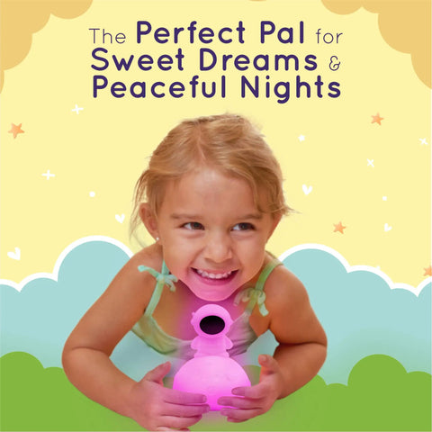 Child holding Animal Night Light For Kids With Rechargeable Silicone And ABS Nursery Glow In 8 Calming Colors Soft Non Toxic Lamp