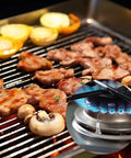 Two Pack Piezo Igniter Kit With Spark Ignition for grills, showing meat and vegetables cooking on propane grill with ignition detail