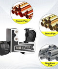 Mini tube cutter tool, front view, black and silver, for 1/8-1-1/8 in copper, brass, aluminum pipes