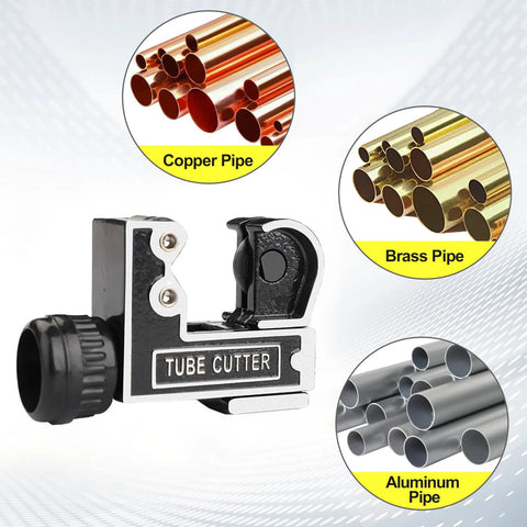 Mini tube cutter tool, front view, black and silver, for 1/8-1-1/8 in copper, brass, aluminum pipes