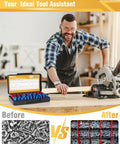 Man using saw with Detachable Thread Gauge Set With 52 Nut And Bolt Gauges 28 Inch And 24 Metric Box Bolt Size Finder displayed on table.