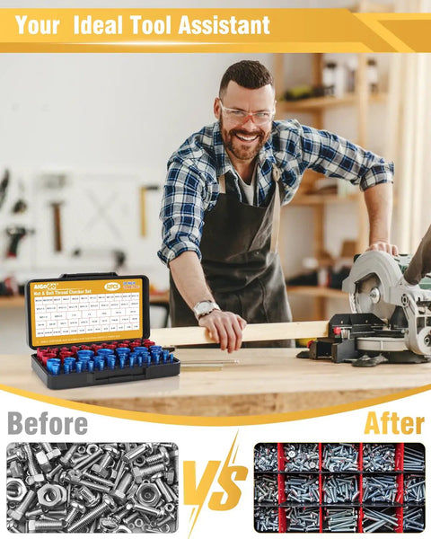 Man using saw with Detachable Thread Gauge Set With 52 Nut And Bolt Gauges 28 Inch And 24 Metric Box Bolt Size Finder displayed on table.