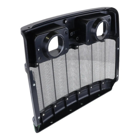 Hood Grille Replacement for John Deere Tractors Beefed Up Heavy Duty RE209912, black metal frame, angled view