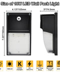 Front and side view of an 18W LED wall pack light showing dimensions and technical specifications.