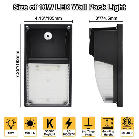 Front and side view of an 18W LED wall pack light showing dimensions and technical specifications.