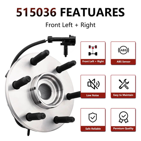 Front Wheel Hub Bearing Assembly 515036 Pair For Chevy Silverado 1500 Suburban Express Avalanche Tahoe 2002 Through 2006 GMC Sierra Yukon Savana Cadillac Escalade ESV EXT 4WD with ABS sensor shown.