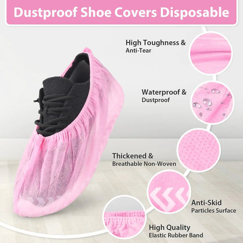100 Pack Disposable Indoor Shoe Covers Non Slip Durable Recyclable Non Woven Booties One Size Fits All Pink