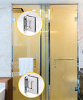 Hella Sturdy Brass Shower Door Hinges For Bathroom Glass, chrome pivot hinge shown on glass door in modern bathroom design.