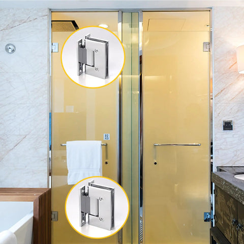 Hella Sturdy Brass Shower Door Hinges For Bathroom Glass, chrome pivot hinge shown on glass door in modern bathroom design.