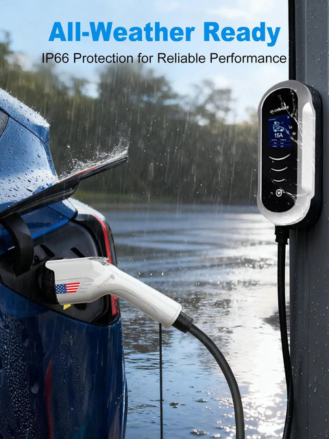 Level 1 and 2 EV Charger With 25ft Cable, Grab And Go Portable J1772 Charger for 120V to 240V in use, American Flag Design, Silver Finish