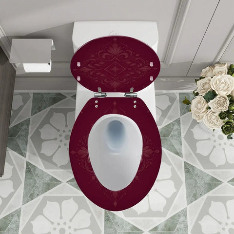 Top view of a burgundy toilet seat elongated resin for bathroom, fitting standard toilets with decorative design.