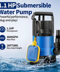 1.1Hp Submersible Sump Pump Handles Crunch Time With Ease Pushing 4600 GPH Through IPX8 Waterproof Gear Paired With Automatic Float Switch For Swift Basement Flood Relief Smooth Pool Draining And Low Stress Pond Care with yellow float switch and blue housing.