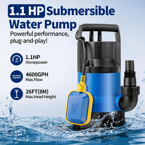 1.1Hp Submersible Sump Pump Handles Crunch Time With Ease Pushing 4600 GPH Through IPX8 Waterproof Gear Paired With Automatic Float Switch For Swift Basement Flood Relief Smooth Pool Draining And Low Stress Pond Care with yellow float switch and blue housing.