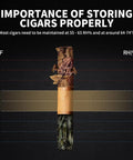 Infographic showing the importance of storing cigars properly with ideal temperature and humidity ranges.