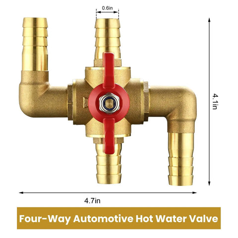 4 Way Automotive Heating Water Valve With 5/8 Inch Solid Brass Build And Manual Control For Vehicle Heater AC coolant flow 4.7x4.1in