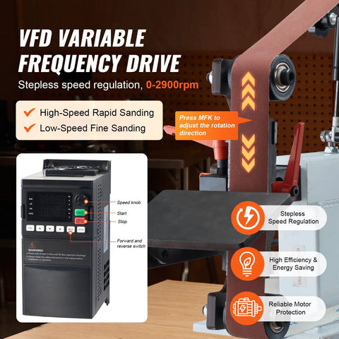 Top Shelf 72X2 Inch Belt Grinder And Sander With Variable Speed Vfd Controls showcasing the VFD control panel for speed regulation.