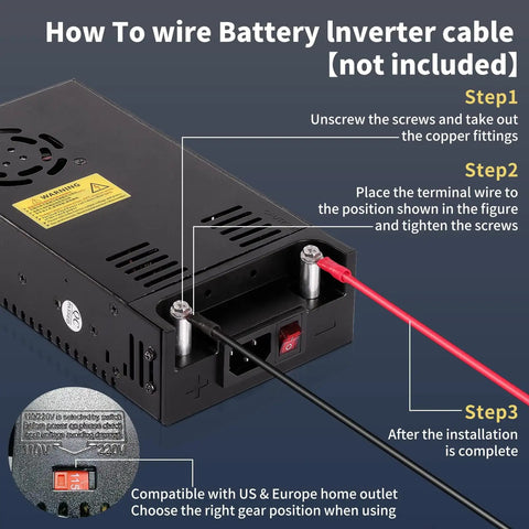 Beefy 360W 12V Power Supply Adapter 110V-240V AC To DC Converter wiring guide showing connection to battery inverter cables.