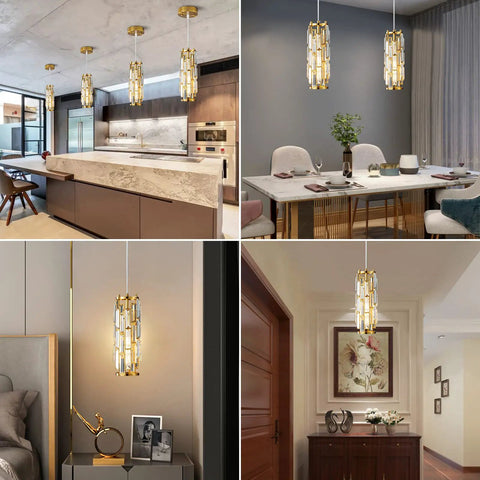 Gold Pendant Lights Set of 2 Dope Crystal Mini Chandelier for Kitchen Island, Dining Room and Bedroom, Sleek Gold Fixture with Crystal Accents