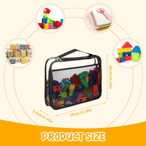 Clear See Through Toy Storage Bags 8 Pack With Zippers Portable Handle containing colorful building blocks