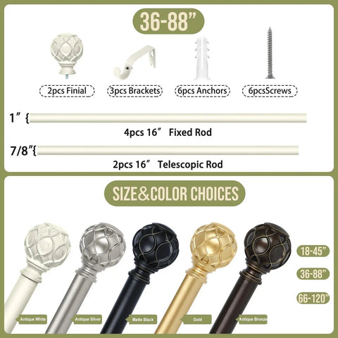 Farmhouse Curtain Rods For Windows 36 To 88 Inches Heavy Duty Adjustable Drape Rod With Vintage Coastal Texture Finials