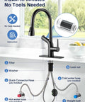 Cobbe Kitchen Faucet with Water Filter, Pull Down Sprayer, Matte Black installation guide showing filter and hoses