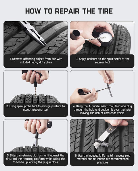 Step-by-step repair guide from Heavy Duty Tire Repair Kit 24 Piece Universal Plug And Patch Set For Cars Trucks Motorcycles ATVs SUVs RVs Trailers.