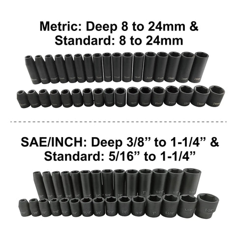 Seventy Piece Half Inch Drive Impact Socket Set With CR V Steel Includes SAE And Metric Standard And Deep Sockets