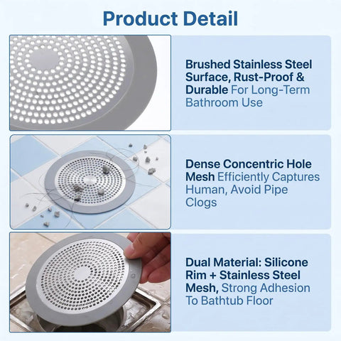 Amaxiu 2Pcs Shower Drain Hair Catcher, 3.54in/5.7in Shower Drain Cover with brushed stainless steel and silicone rim.