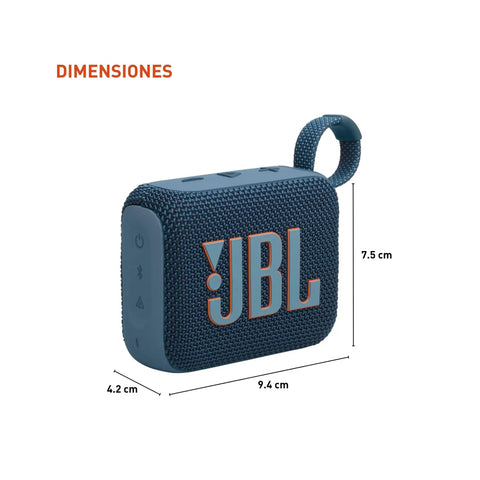 Go 4 Ultra Portable Bluetooth Speaker That Goes Anywhere With Waterproof And Dustproof Build, Pro Sound And Punchy Bass, 7 Hour Battery, Made With Recycled Materials, Compact Blue, with dimensions 7.5 x 9.4 x 4.2 cm shown.