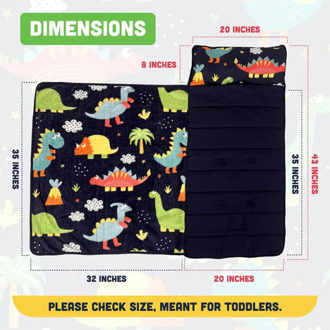 Toddler Nap Mat With Pillow For Daycare And Travel, dinosaur print, dimensions 43x32 inches, fits up to 43 inches tall