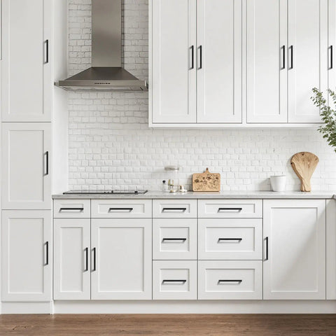 Solid Flat Black Square Cabinet Pulls, Built Tough Stainless Steel Drawer Handles on white kitchen cabinetry.