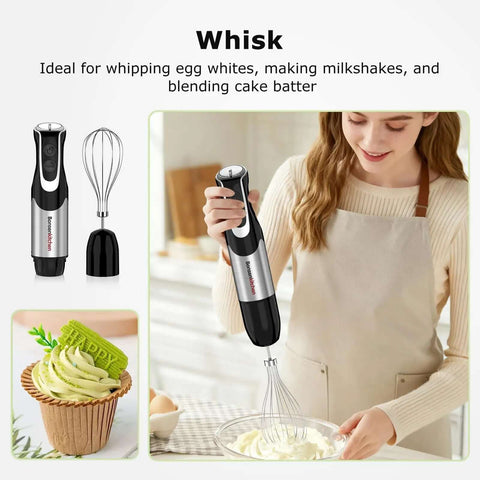 Badass 4 in 1 Immersion Blender with Food Processor and Egg Whisk features a whisk attachment, ideal for blending batter.