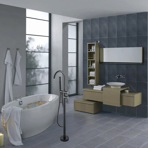 Oil Rubbed Bronze Floor Mounted Bathtub Faucet With Go-To Free Standing Design Hot And Cold Water Taps With Handheld Shower