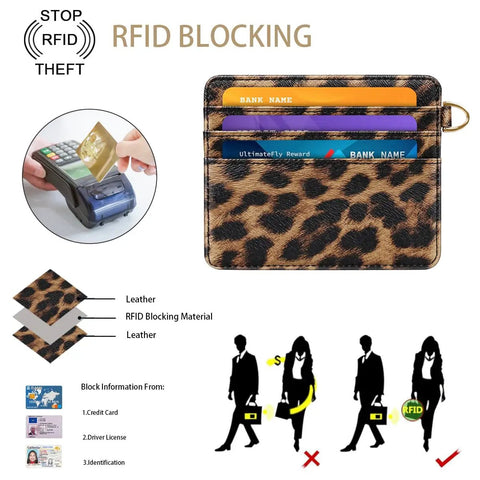 Ultra Slim Minimalist Card Holder Wallet With RFID Blocking, leopard print showing card slots and RFID protection features.