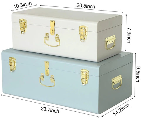 Dope Decorative Metal Storage Trunks With Heavy Duty Locking Hardware And Grippy Handles Super Sleek Pair Of Secure Chests For Dorm Rooms And Chill Living Spaces In Crisp White And Cool Blue