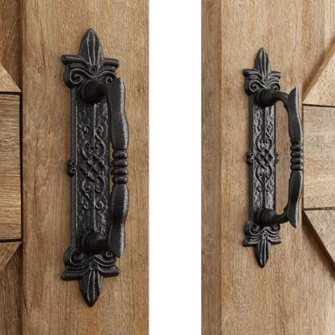 Heavy Duty 9 Inch Antique Barn Door Handle Set Of 4 For Gates Garages And Sheds Rustic Carved Door Pulls Built Tough With Solid Steel Construction And Frosted Black Powder Coated Finish, close-up view on wooden door.