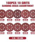 Cool 160 Pc Set Of 5 Inch Sanding Discs With Eight Holes And Hook Loop Backing For Random Orbital Sanders showing assorted grits.