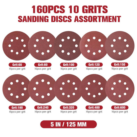 Cool 160 Pc Set Of 5 Inch Sanding Discs With Eight Holes And Hook Loop Backing For Random Orbital Sanders showing assorted grits.