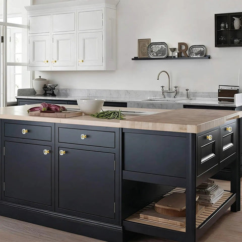 Crystal Glass Cabinet Knobs Set Six Pack Gold Polygon Drawer Pulls on kitchen cabinets with marble countertop and wood island