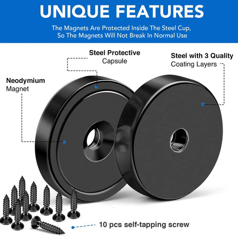 Ten Pack Neodymium Cup Magnets 150 Lb Pull With Countersunk Hole, Heavy Duty Rare Earth Magnets, Stainless Steel Screws For Wall Mounting