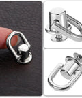 Close-up of 4 Pack D Rings For Purses And Bags, Heavy Duty Rotatable Metal Hardware Set With Screws and Punch in Silver.